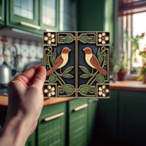 Cardinal Birds Flowers Art Deco Nouveau Wall Decor Ceramic Tile
