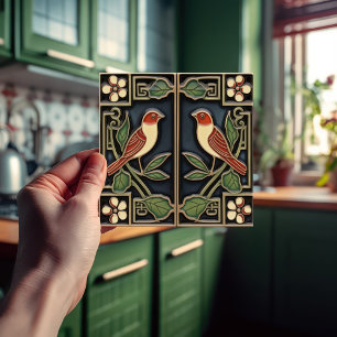 Cardinal Birds Flowers Art Deco Nouveau Wall Decor Ceramic Tile