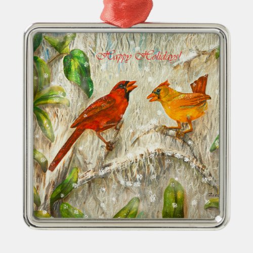 Cardinal birds in snow metal ornament