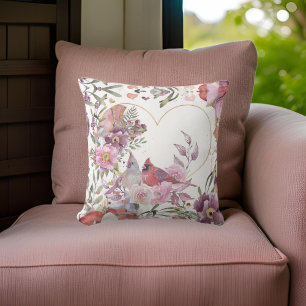 CARDINAL BIRDS LOVE HEART FLORAL   THROW PILLOW 