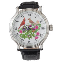 Cardinal Birds on Garden Flowers Watch