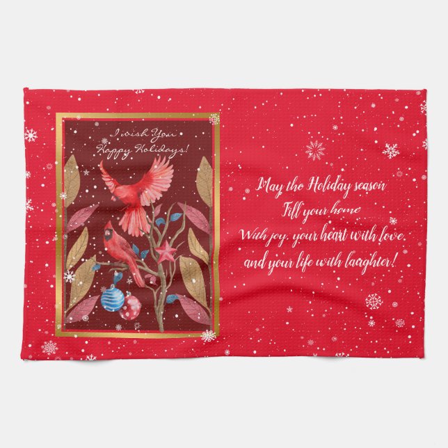 Cardinal Birds on the Christmas Tree Customize Kitchen Towel (Horizontal)