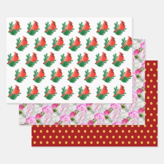 Cardinal Birds, Peony Flowers & Golden Confetti Wrapping Paper Sheets (Set)