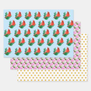 Cardinal Birds, Peony Flowers & Golden Polka Dots Wrapping Paper Sheets