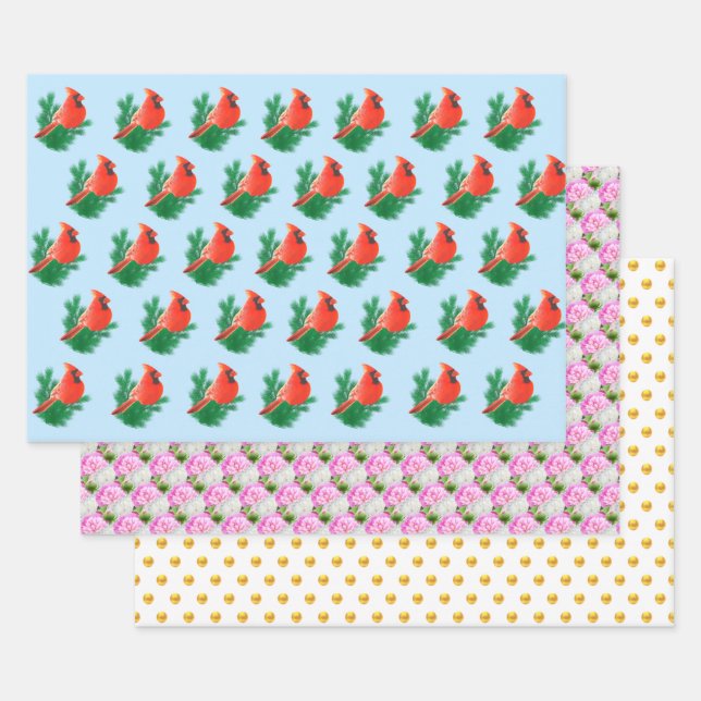 Cardinal Birds, Peony Flowers & Golden Polka Dots Wrapping Paper Sheets (Set)