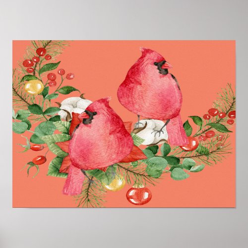 Cardinal Birds Perched on Christmas Wreath Poster