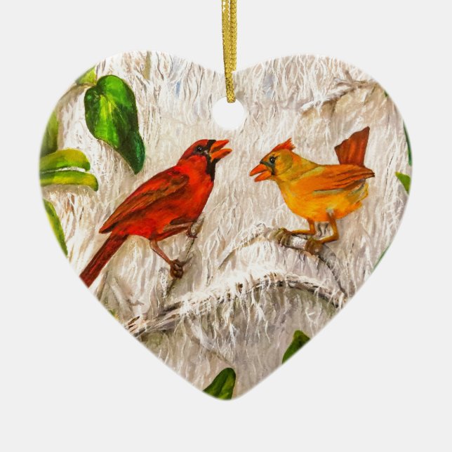 Cardinal birds Singing of love Ceramic Ornament (Front)