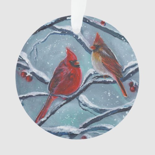 Cardinal birds winter by Renee Lavoie  Ornament