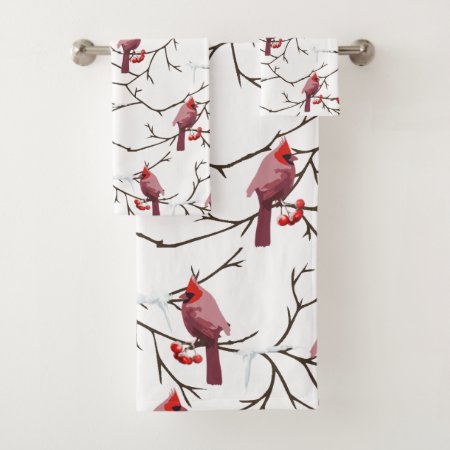 Cardinal Birds, Winter Cherries And Snow Pattern Bath Towel Set