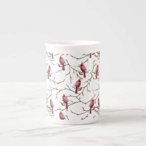 Cardinal Birds Winter Cherries and Snow Pattern Bone China Mug