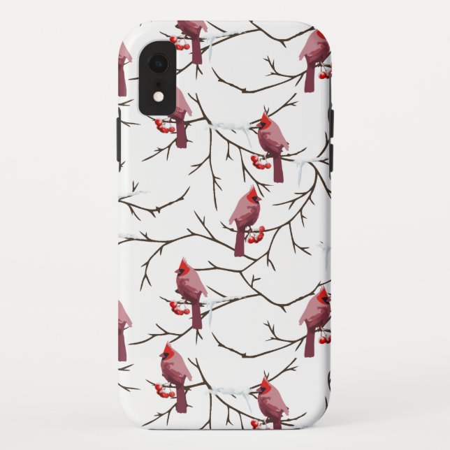 Cardinal Birds, Winter Cherries and Snow Pattern Case-Mate iPhone Case (Back)