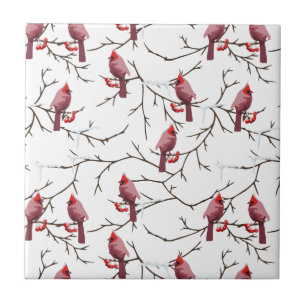 Cardinal Birds, Winter Cherries and Snow Pattern Ceramic Tile