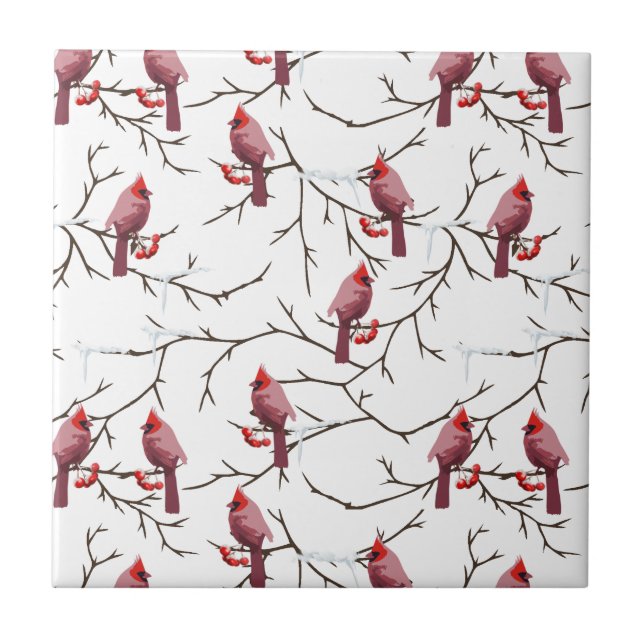 Cardinal Birds, Winter Cherries and Snow Pattern Ceramic Tile (Front)