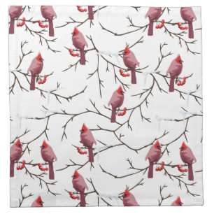 Cardinal Birds, Winter Cherries and Snow Pattern Cloth Napkin
