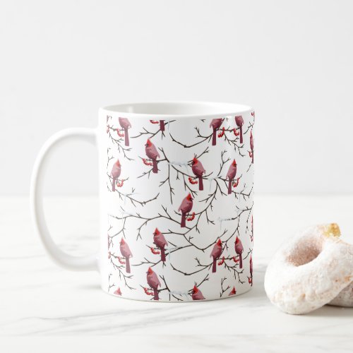 Cardinal Birds Winter Cherries and Snow Pattern Coffee Mug