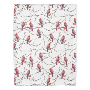 Cardinal Birds, Winter Cherries and Snow Pattern Duvet Cover