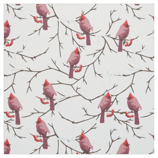 Cardinal Birds, Winter Cherries and Snow Pattern Fabric