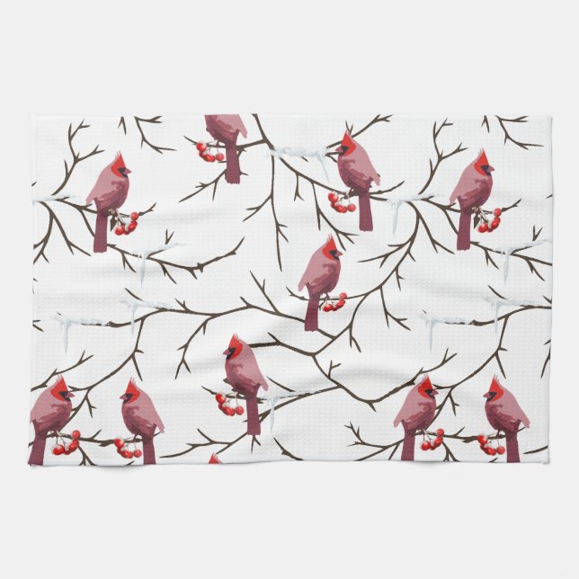 Cardinal Birds, Winter Cherries and Snow Pattern Kitchen Towel (Horizontal)