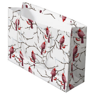 Cardinal Birds, Winter Cherries and Snow Pattern Large Gift Bag