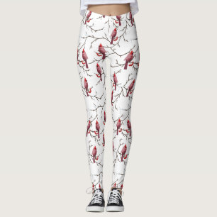 Cardinal Birds, Winter Cherries and Snow Pattern Leggings