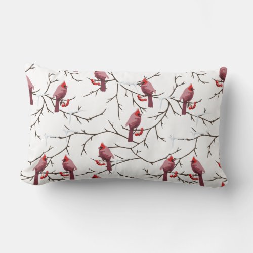 Cardinal Birds Winter Cherries and Snow Pattern Lumbar Pillow