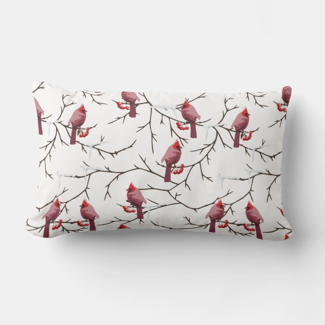 Cardinal Birds, Winter Cherries and Snow Pattern Lumbar Pillow (Front)