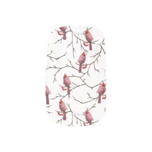 Cardinal Birds, Winter Cherries and Snow Pattern Minx Nail Art