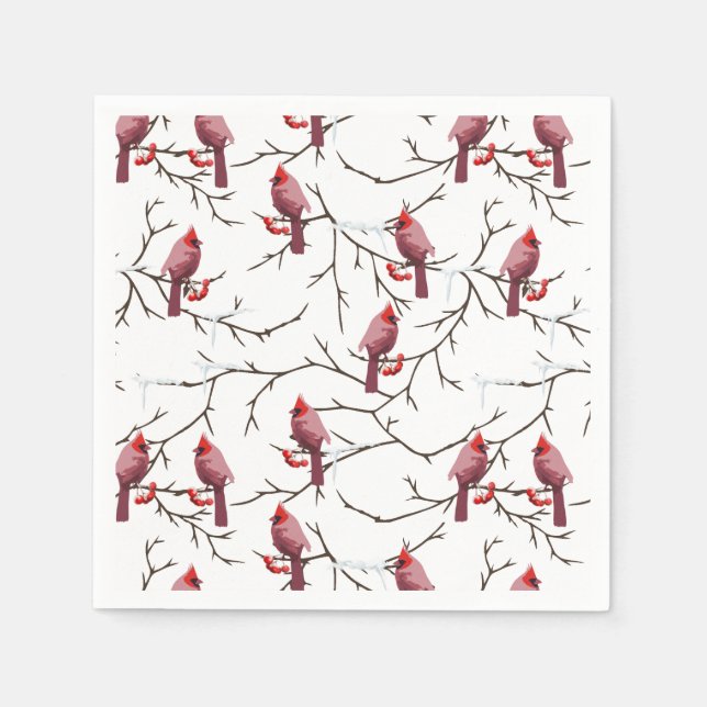 Cardinal Birds, Winter Cherries and Snow Pattern Napkins (Front)