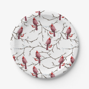 Cardinal Birds, Winter Cherries and Snow Pattern Paper Plates