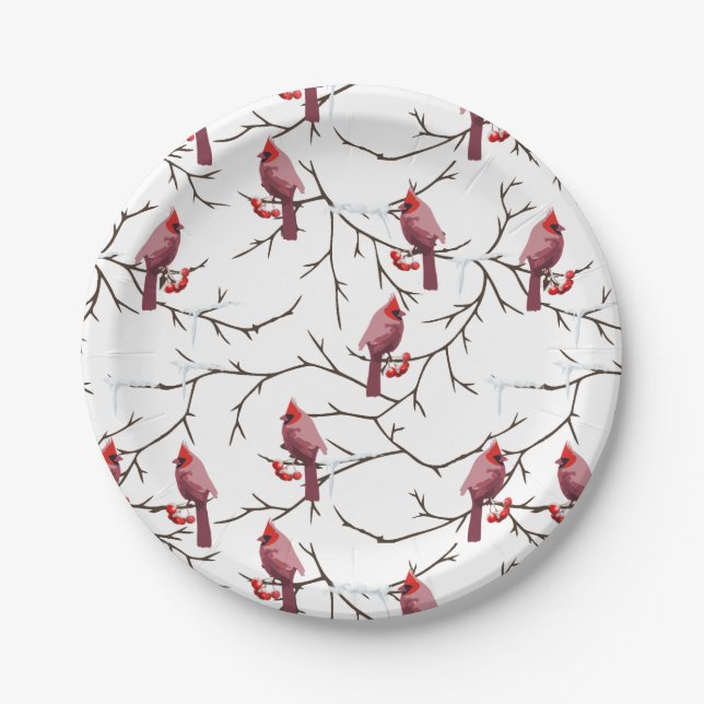 Cardinal Birds, Winter Cherries and Snow Pattern Paper Plates (Front)