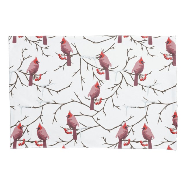 Cardinal Birds, Winter Cherries and Snow Pattern Pillow Case (Front)
