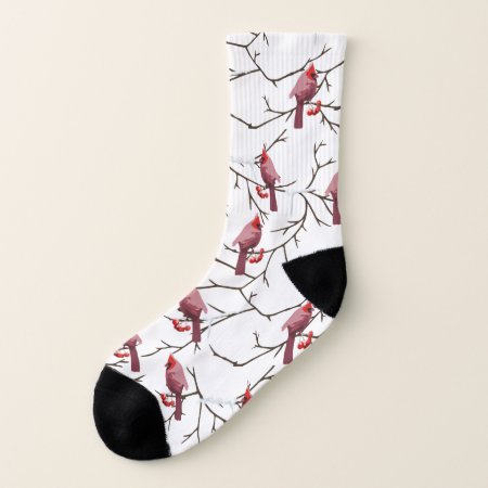 Cardinal Birds, Winter Cherries And Snow Pattern Socks