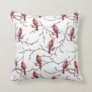 Cardinal Birds, Winter Cherries and Snow Pattern Throw Pillow