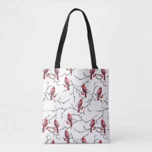 Cardinal Birds, Winter Cherries and Snow Pattern Tote Bag