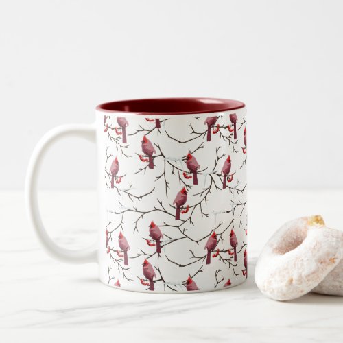 Cardinal Birds Winter Cherries and Snow Pattern Two_Tone Coffee Mug