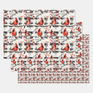 Cardinal Birds Winter Christmas Tartan Plaid 1 Wrapping Paper Sheets