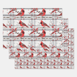 Cardinal Birds Winter Christmas Tartan Plaid 4 Wrapping Paper Sheets