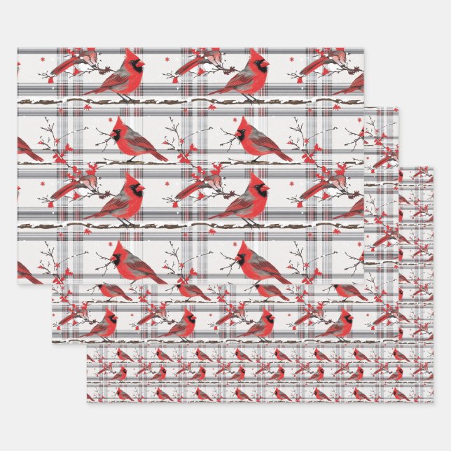 Cardinal Birds Winter Christmas Tartan Plaid 4 Wrapping Paper Sheets (Set)