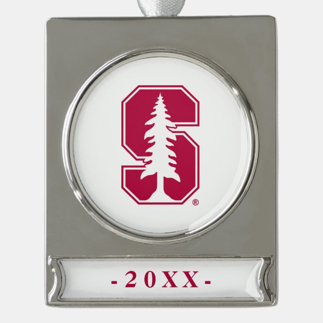 Cardinal Block "S" with Tree Silver Plated Banner Ornament (Front)