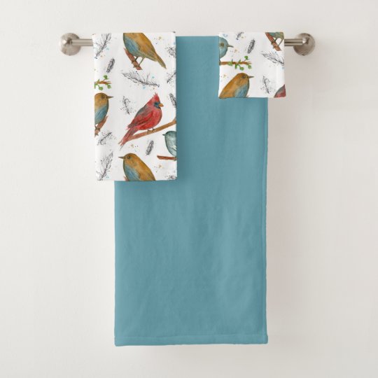 Cardinal Bluebird Chickadee Birds Blue Bath Towel Set
