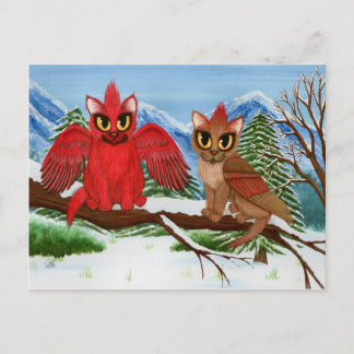Cardinal Cats Winter Bird Fantasy Cat Art Postcard