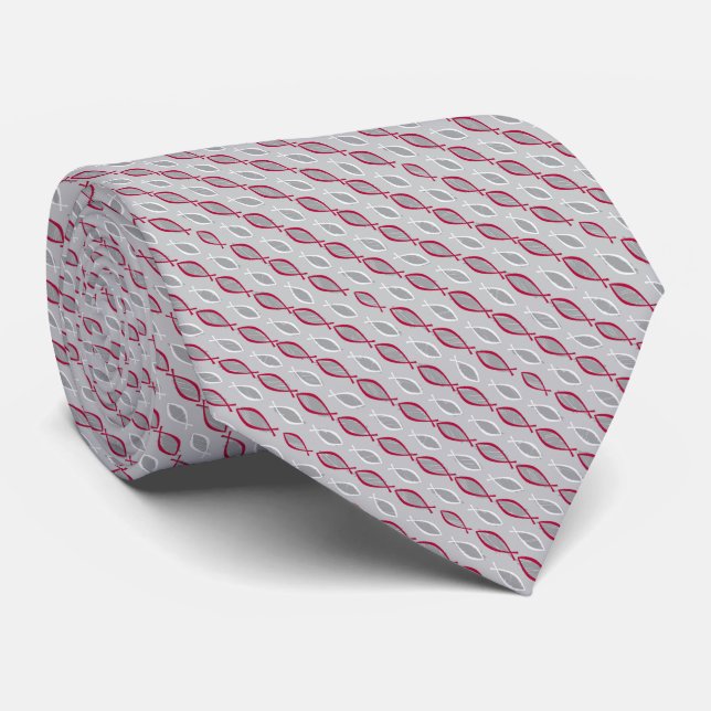 Cardinal Christian Ichthys Jesus Fish on Gray Neck Tie (Rolled)