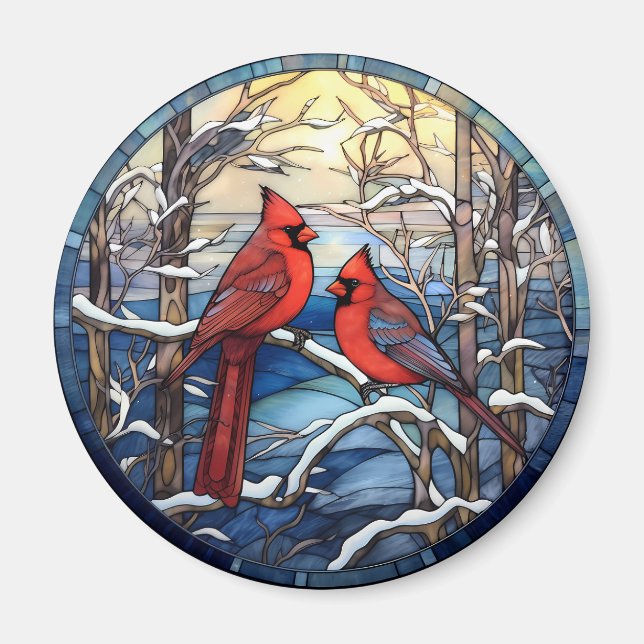 Cardinal Christmas Bird Stained Glass Style Magnet (Front)