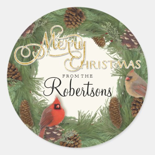 Cardinal Christmas Wreath Script Gold Gift Tags