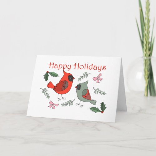 Cardinal Couple Cute Birds Happy Holiday Christmas Card
