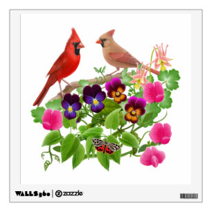 Cardinal Couple in Flower Garden Wall Decal
