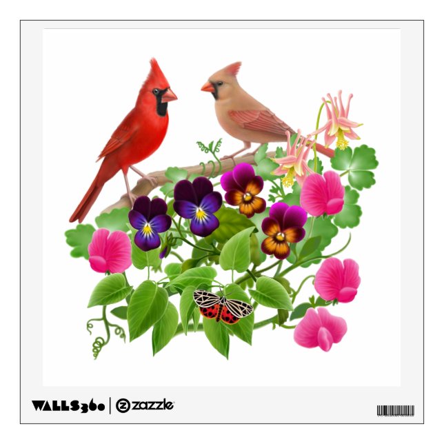 Cardinal Couple in Flower Garden Wall Decal (Front)