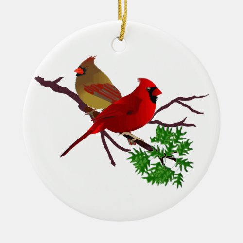 Cardinal Couple on a Branch Ceramic Ornament