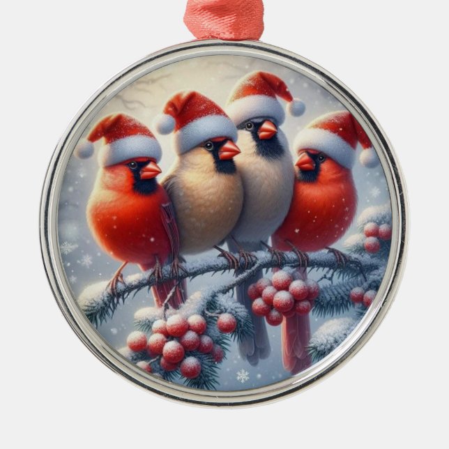 Cardinal Family Cute Christmas Gift Present Metal Ornament (Front)