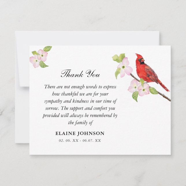 Cardinal Floral Funeral Sympathy Thank you  Card (Front)